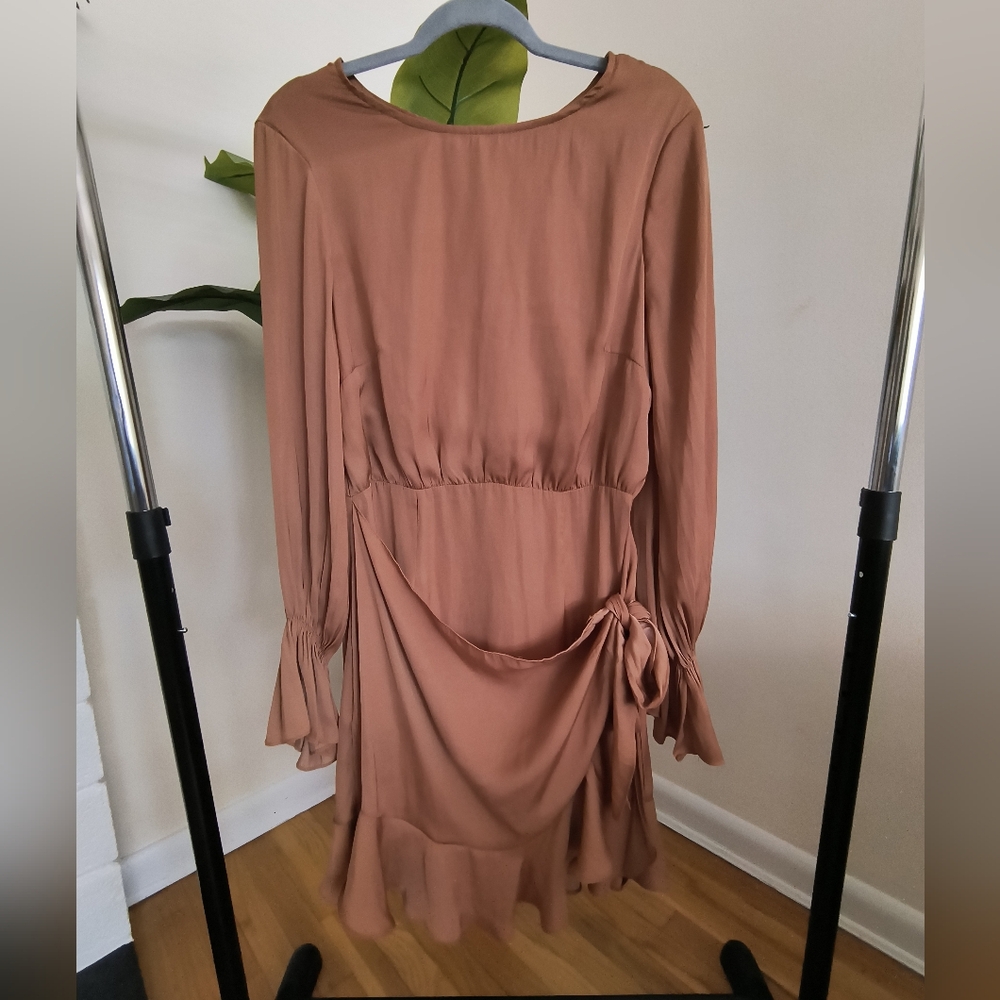 Hello Molly Brown/ Bronze Satin Long Sleeve Open Back Wrap Dress Large
